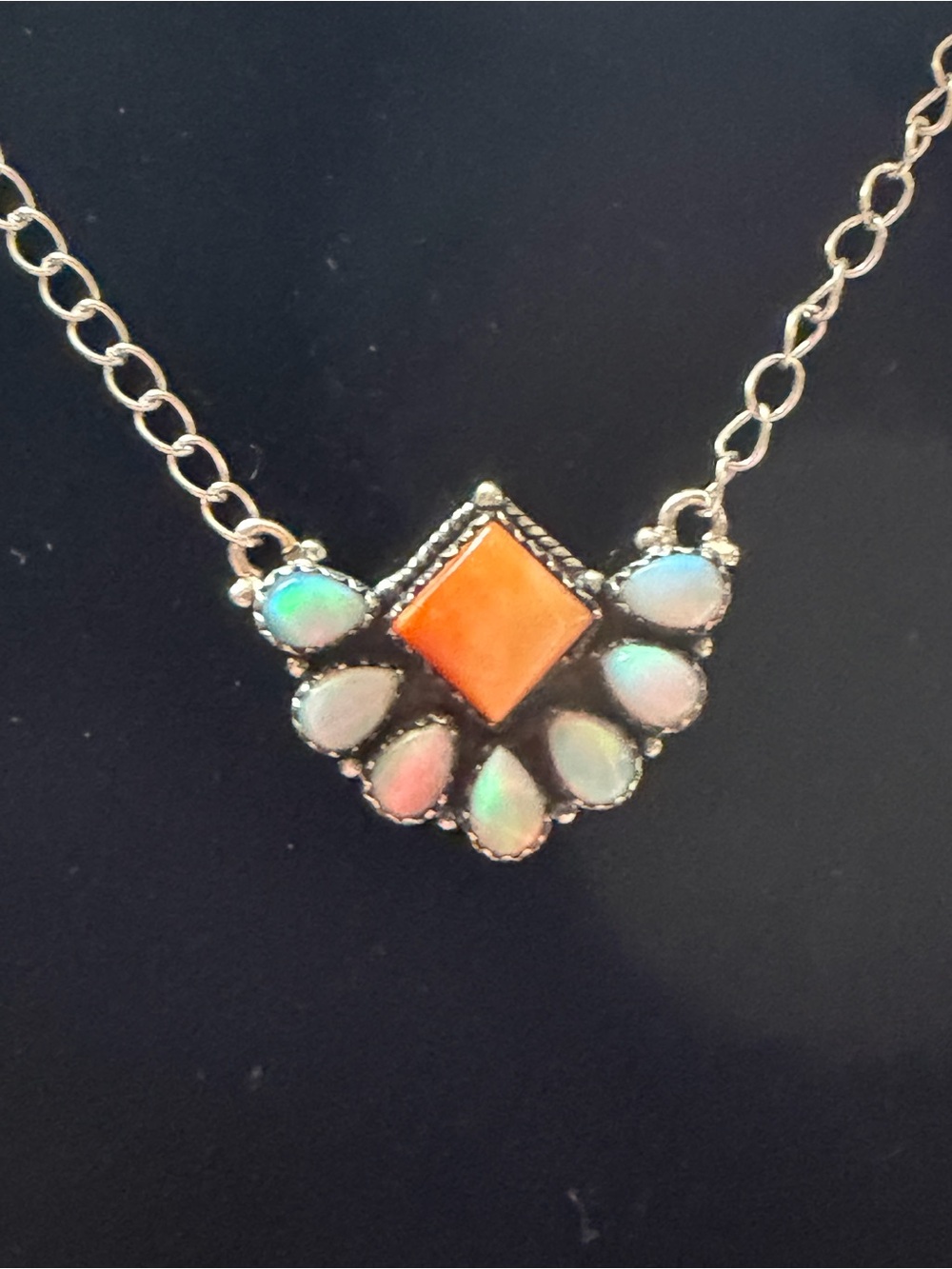 Orange Spiny and Opal Accent Pendant Sterling Silver Necklace